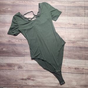 5/$15 Forever 21 Green Ribbed Scoop Neck Strappy Lace Up Bodysuit